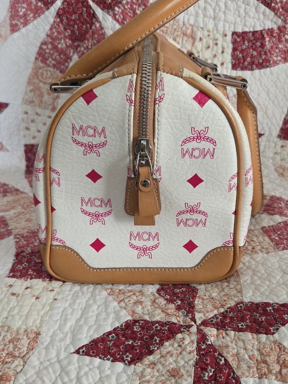 MCM Cream Canvas Satchel with Pink Logo and Tan Leather Trim - Picture 5 of 7